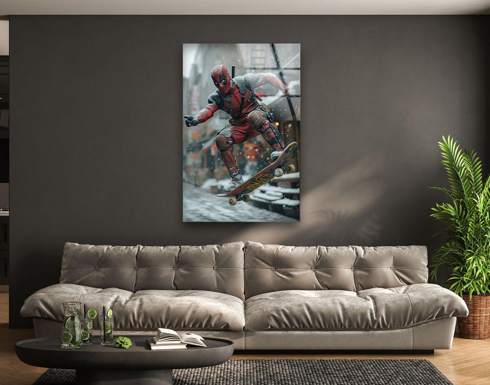 Deadpool Skateboarding Glass Wall Art custom glass photo prints, large glass prints
