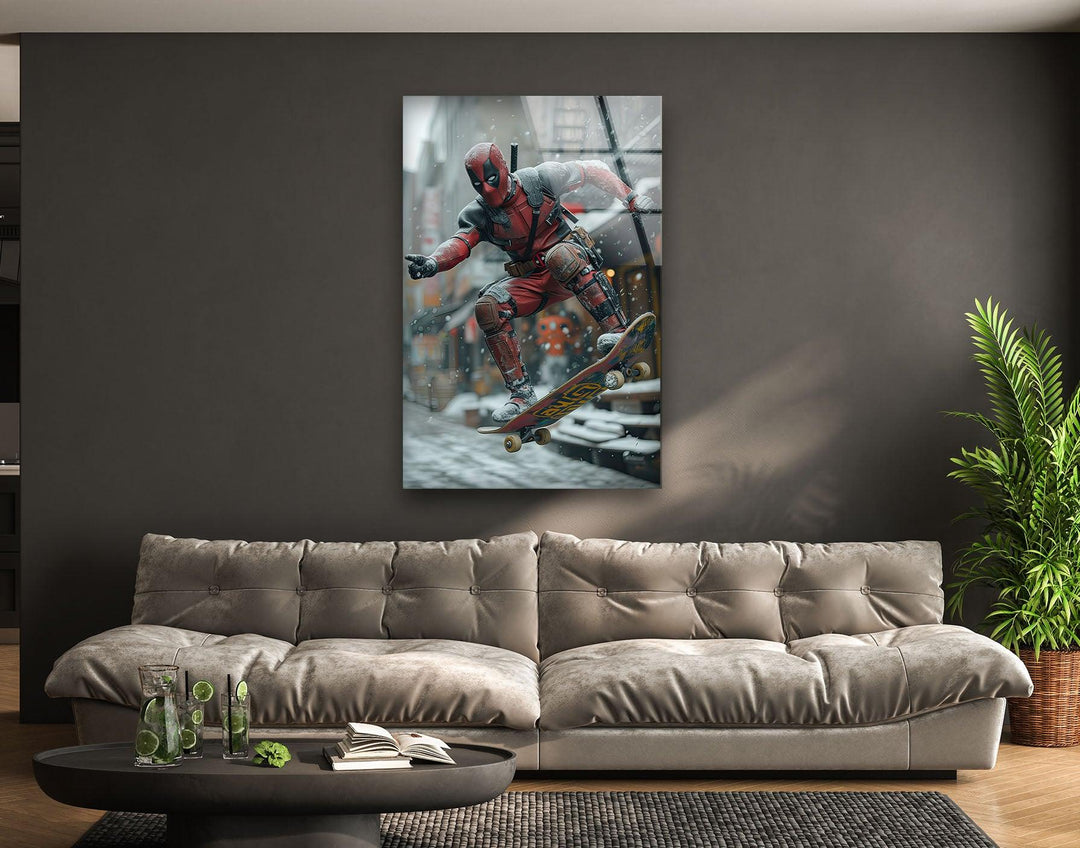 Deadpool Skateboarding Glass Wall Art custom glass photo prints, large glass prints
