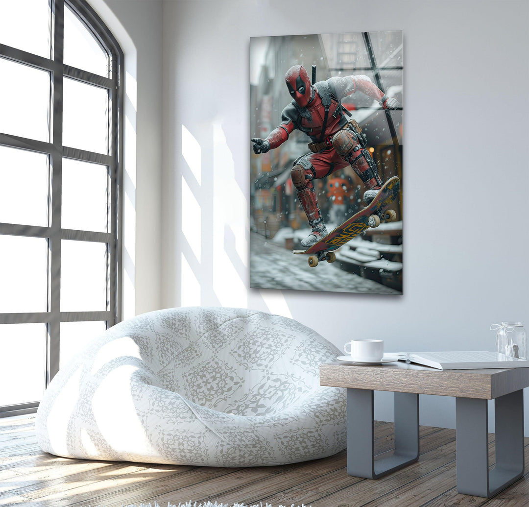 Deadpool Skateboarding Glass Wall Art Glass Printing Wall Art, Print photos on glass
