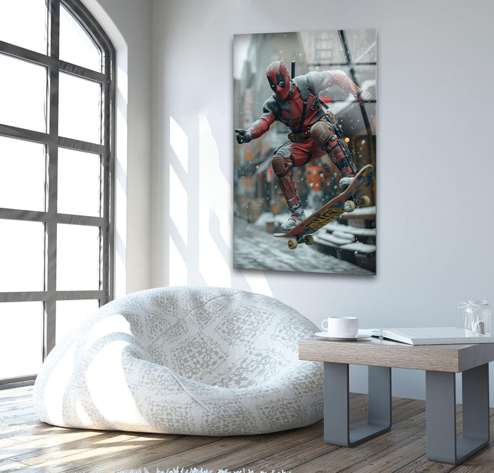 Deadpool Skateboarding Glass Wall Art Glass Printing Wall Art, Print photos on glass
