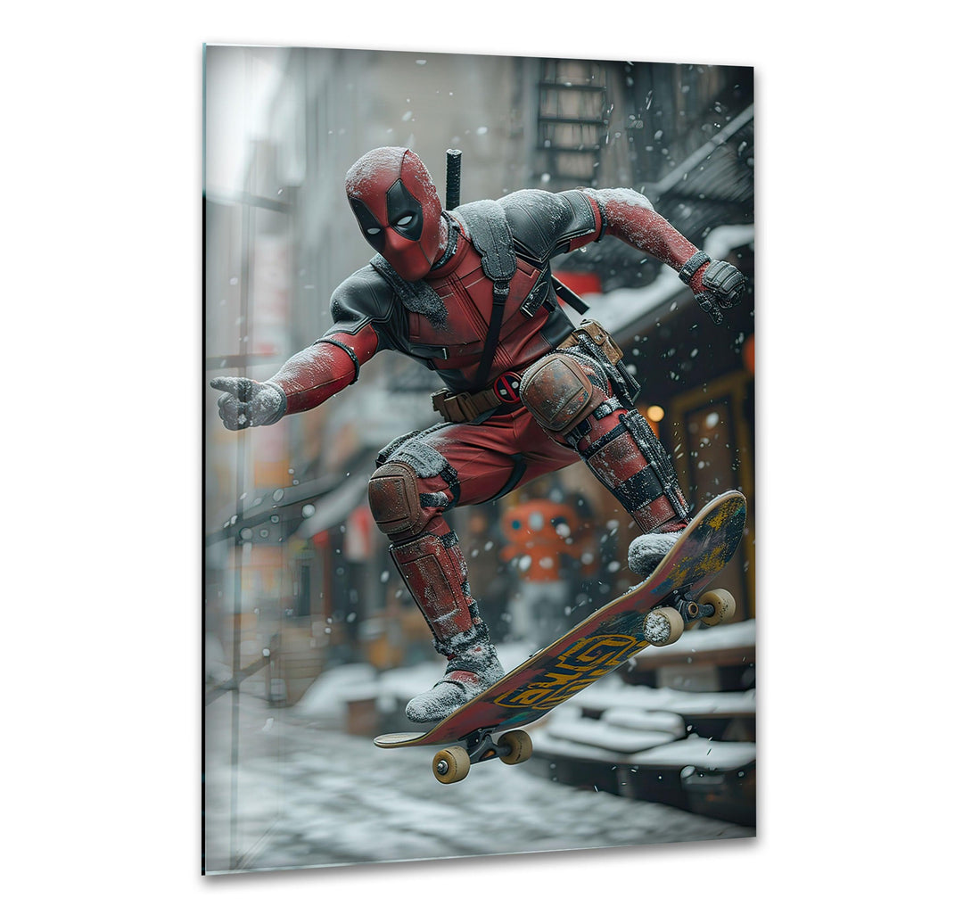 Deadpool Skateboarding Glass Wall Art large glass photo prints, glass wall photos
