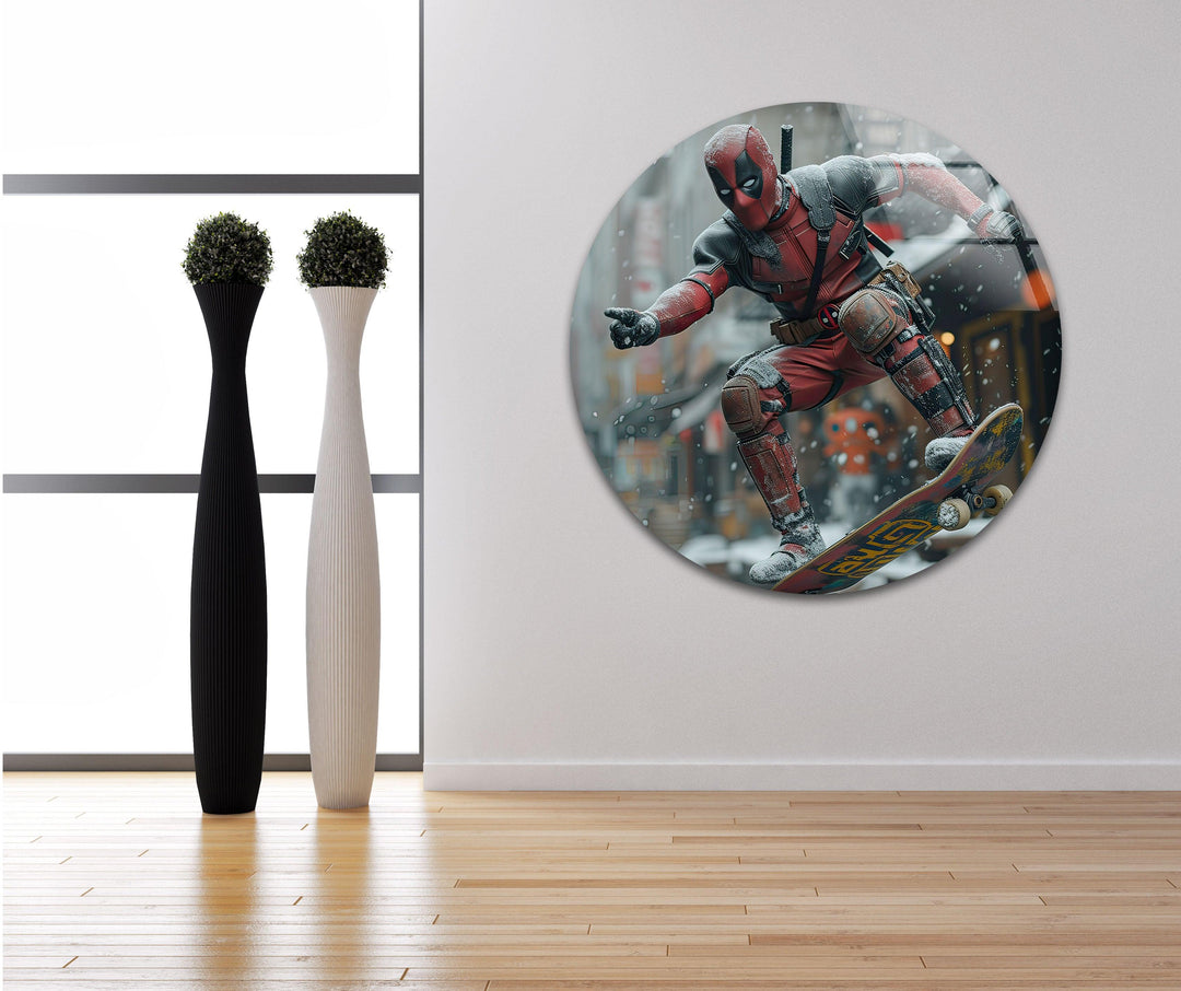 Deadpool Skateboarding Glass Wall Art glass photo prints, glass picture prints
