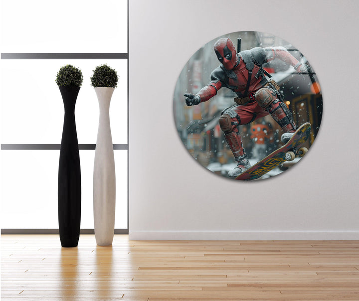 Deadpool Skateboarding Glass Wall Art glass photo prints, glass picture prints
