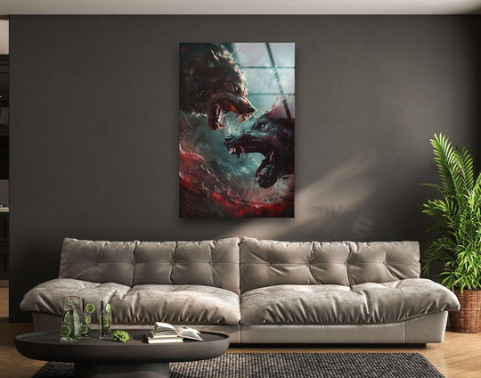 Intense wolves clash with depth and vibrant red accents in this layered glass wall art print.