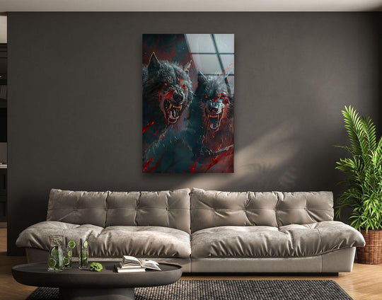 This wild wolves glass wall art features a glossy, reflective finish that accentuates the fierce details.