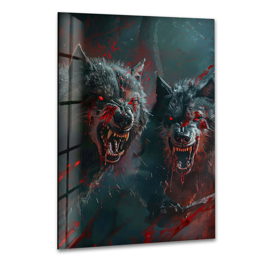 A layered glass art piece reveals two snarling wolves with glowing red eyes and blood splatters, creating a depth of fierce decorative wall art.