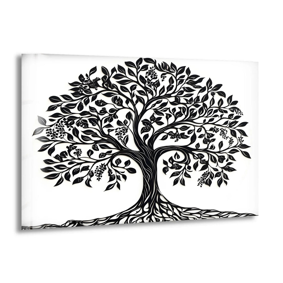 Black and white glass wall art featuring a detailed decorative tree with intricate branches, leaves, and roots.