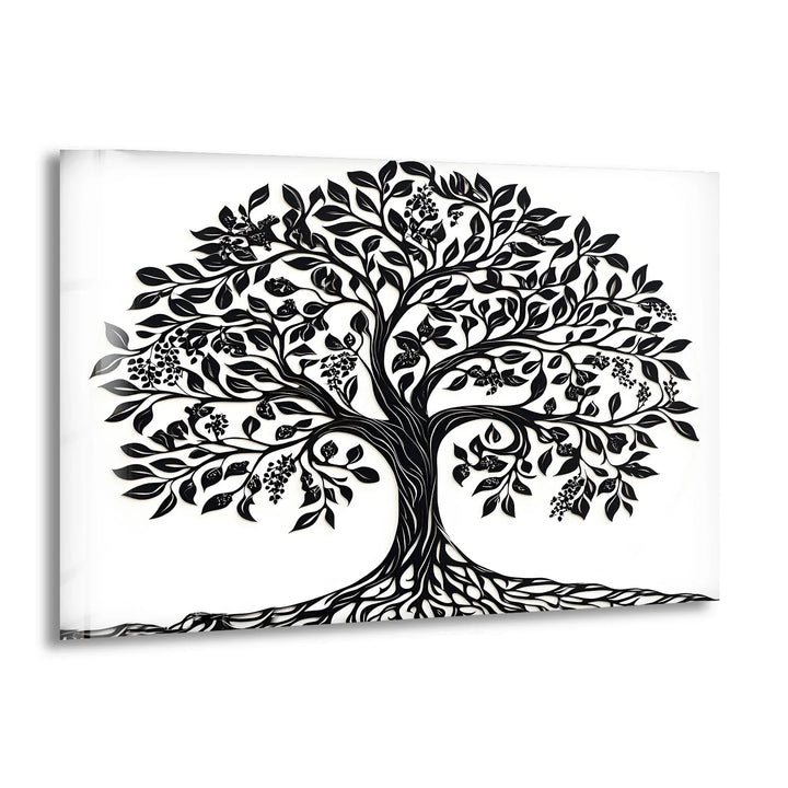 Black and white glass wall art featuring a detailed decorative tree with intricate branches, leaves, and roots.