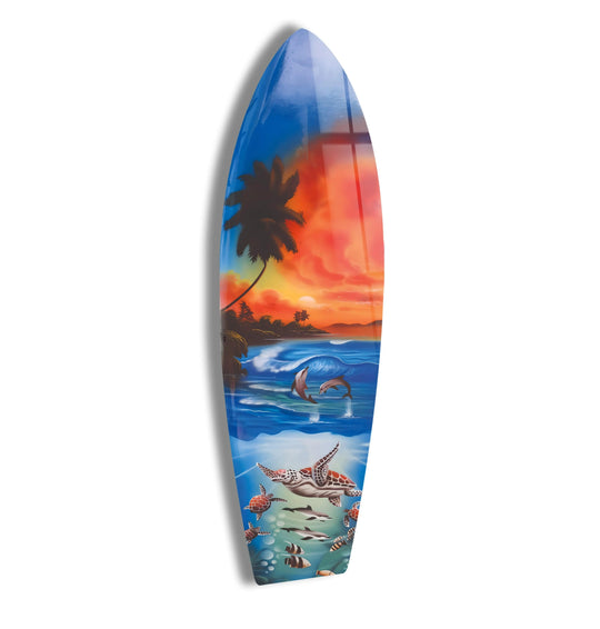 SurfBoard with sunset ocean and turtle motif and tropical coastal theme art