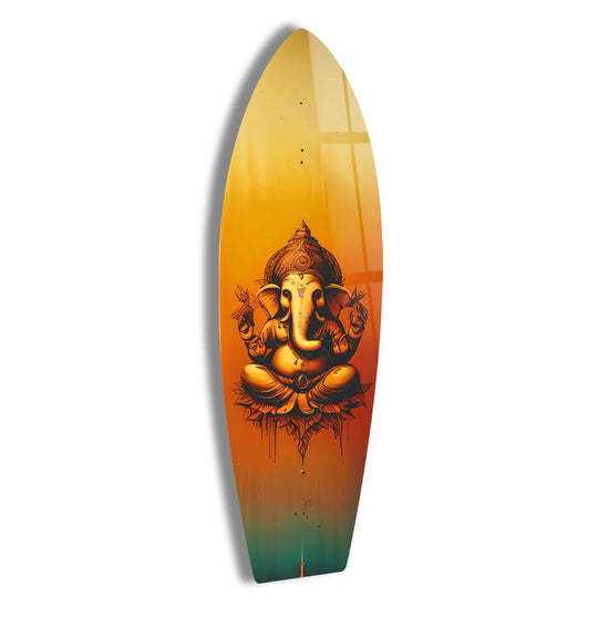 Highlighting the smooth edge and polished borders of this Orange Buddha surfboard glass wall artwork, perfect for adding vibrant charm.