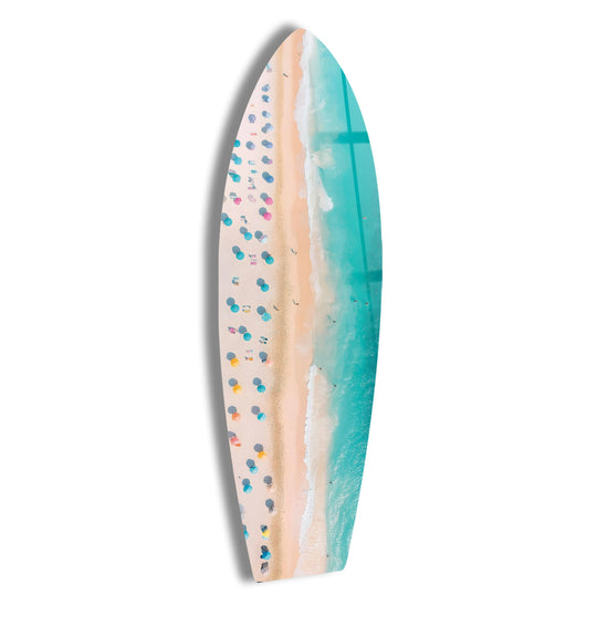 Stillness captures the beach and sun lounger surfboard art piece, where the tranquil shore meets vibrant beachgoers in one of a kind wall prints.