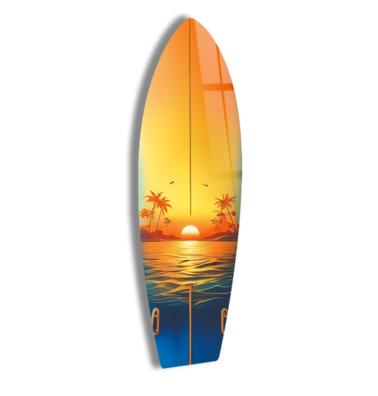 SurfBoard with sunset motif bright colors and palm trees is tropical beach decor and coastal wall art for home and office