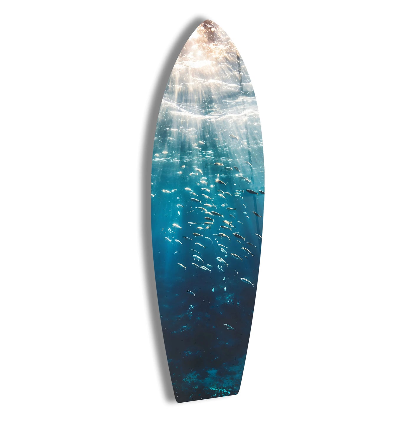 Featuring strong geometric lines, this ocean surfboard glass wall art creates a striking home decor piece with its sleek, elongated shape and aquatic scene.