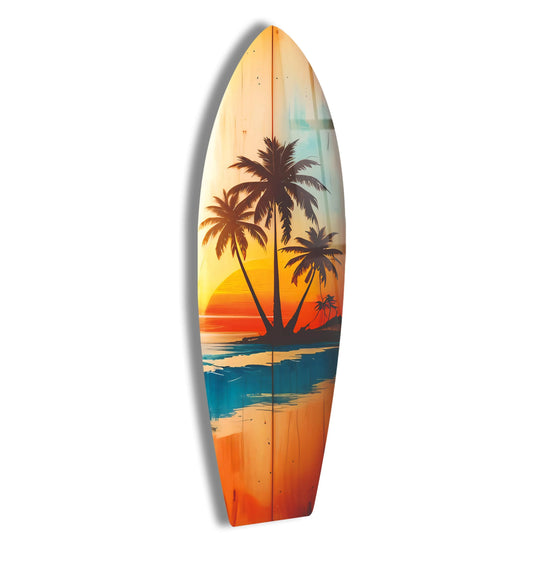 SurfBoard with tropical sunset landscape and palm trees is surfboard wall art capturing ocean beauty and makes coastal wall decor transform any space