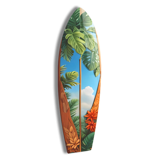 SurfBoard with green tropical trees a modern wall decor and stunning design for your home add tropical vibes with SurfBoard wall art