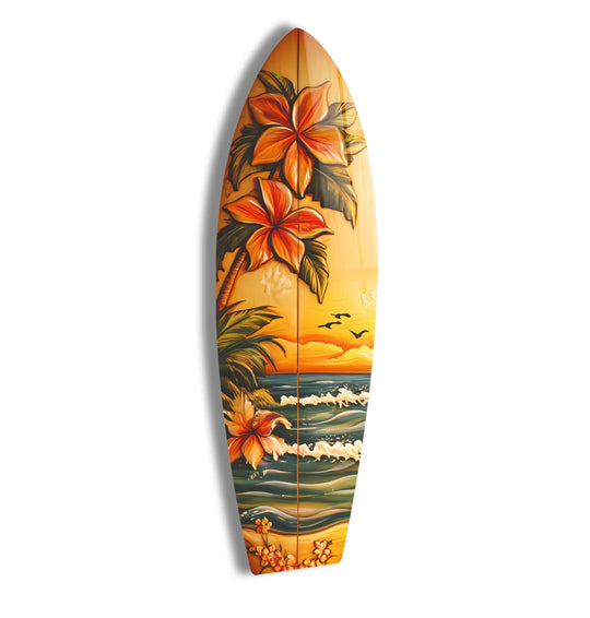 SurfBoard featuring floral and sunset art and tropical paradise artsurfboard wall art with ocean waves and hibiscus flowers adds beach lovers decor.