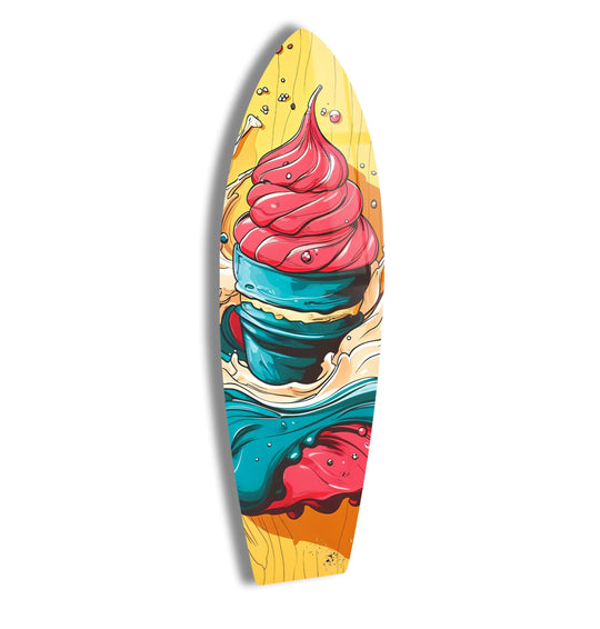 A vibrant surfboard glass art painting depicts a melting ice cream cone creating a colorful splash.