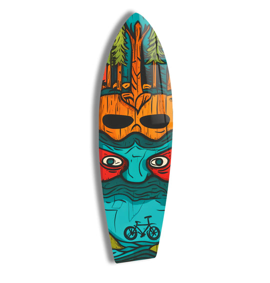 Dynamic tempered glass wall art depicts a stylized surfer in motion with a vibrant forest backdrop.