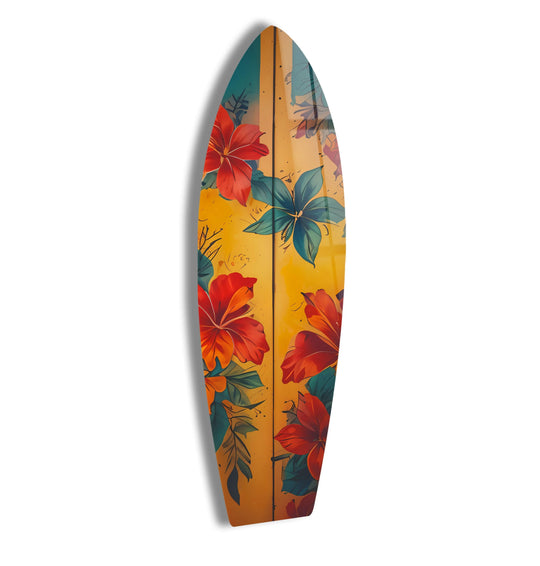 Featuring loud red hibiscus flowers, this vintage surfboard design makes colorful glass wall artwork with a tropical, retro surf vibe.