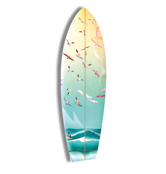 SurfBoard with birds turquoise waves and coastal art motif features beach lovers decor