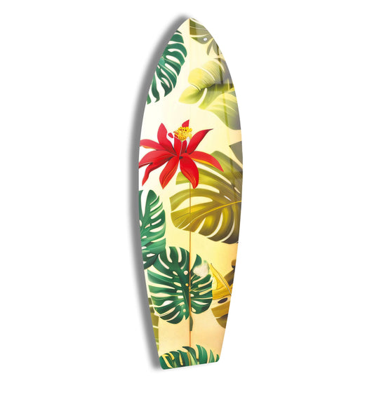 Showing the abstract quality, the tropical flowers surfboard wall art offers a distinctive composition typical of glass wall artwork, creating a visually stimulating effect.