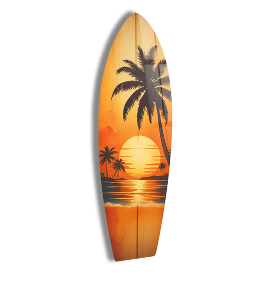 SurfBoard tropical sunset and palm tree design with relaxing beach decor and landscape a vibrant wall art