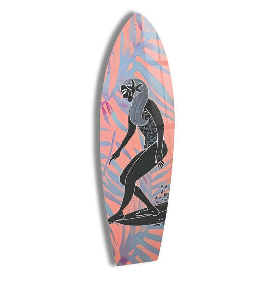 Stylized woman surfing on a surfboard with tropical leaves, a unique tempered glass wall art piece.