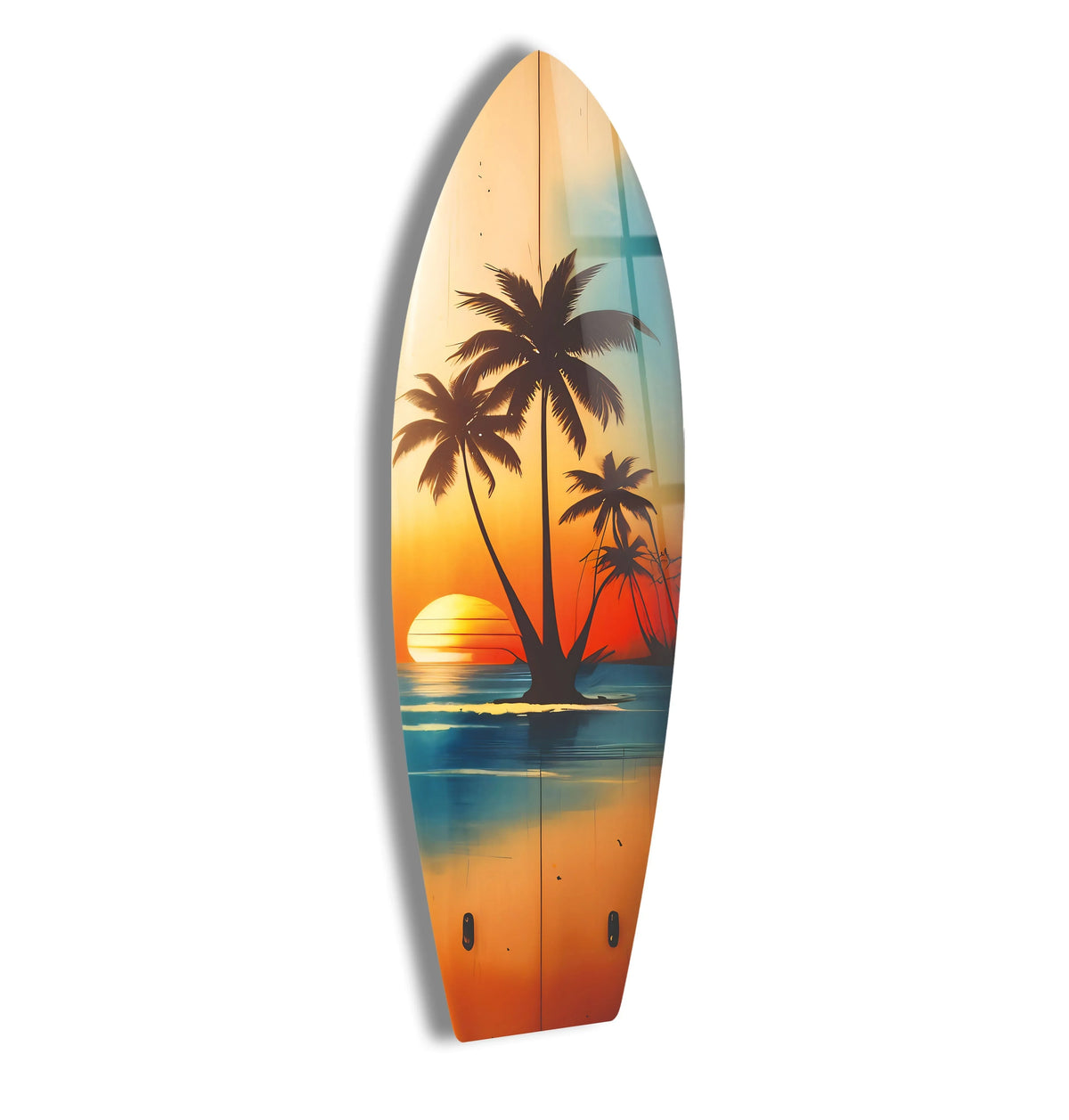 The tempered glass surfboard art depicts layered palm trees and a vibrant sunset over reflective ocean waters, creating depth on your walls.