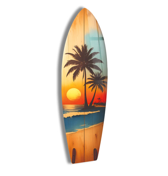 SurfBoard featuring palm tree art and sunset view with surfboard wall art plus beach decor makes a vibrant tropical scene