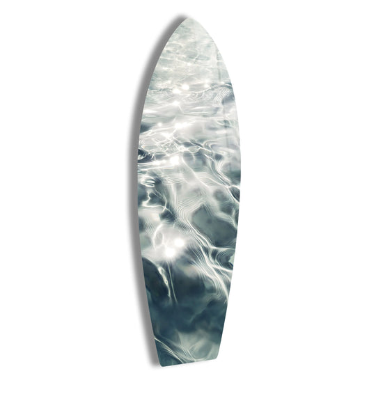 SurfBoard with water ripple motif and reflections and surfboard wall art featuring sunlit reflections and elegant water inspired decor