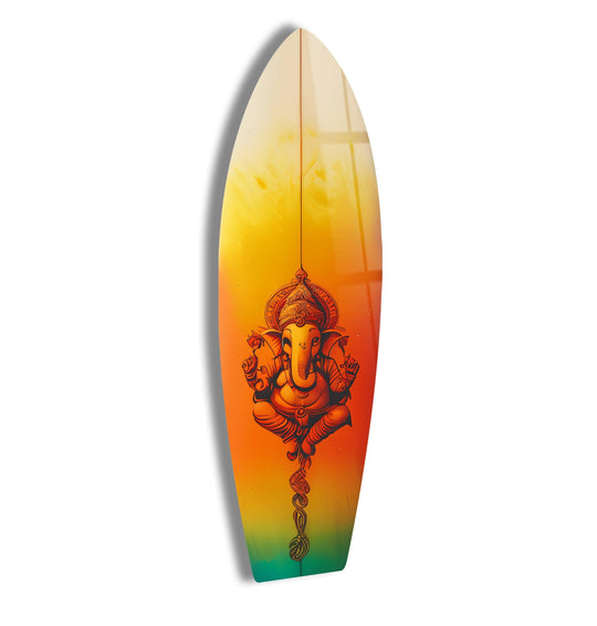 Watercolor-like hues blend in this surfboard wall art, a calming art from glass piece showcasing the detailed Ganesha design.