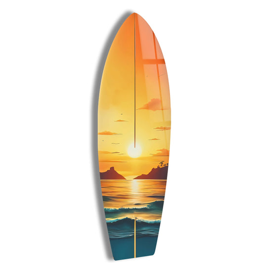Surfboard with orange sunset art and beach scene is coastal wall art decor and ocean themed decor for beach lovers indoors