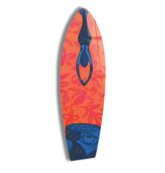 An abstract, bold design of a mermaid's tail and an eye on a surfboard for decorative wall art.