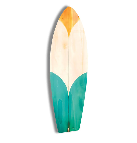 Negative space highlights the cream and teal sections of this surfboard-shaped glass home decor, creating a unique piece of Colored Wood Details wall art.
