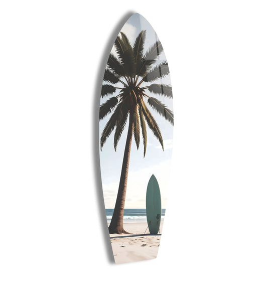 Surfboard with palm tree and blue ocean a tropical beach decor and wall art a coastal modern interior glass art