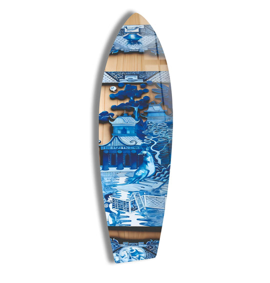 A surfboard wall art showcasing geometric architectural elements and a bird, ideal for home decoration.