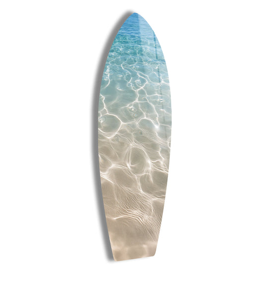 SurfBoard water art with a high gloss finish featuring shallow ocean serenity and crystal clear coastal decor for beach enthusiasts