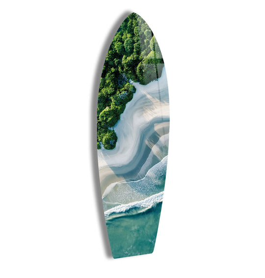 SurfBoard wall art lush green trees and ocean waves and coastal bliss with aerial beach scene high gloss tempered glass decor piece