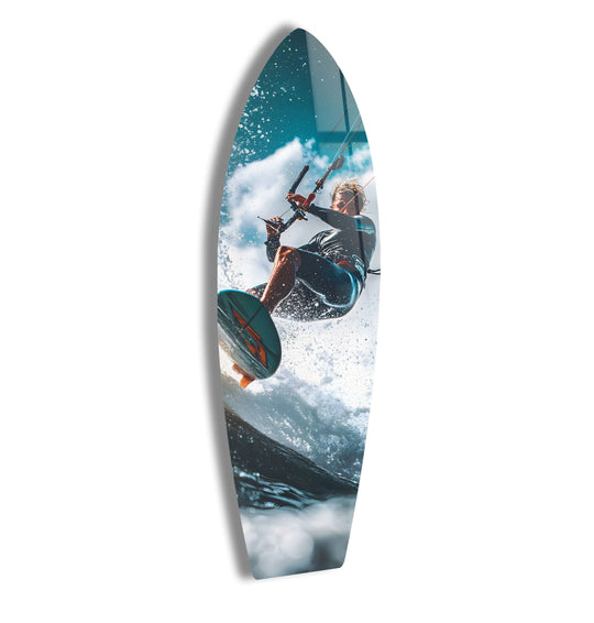 Illuminating the kite surfing glass wall art, the brightest area highlights the thrilling ocean wave, showcasing the best glass art for adventure lovers.
