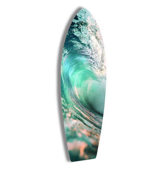 Vertical, surfboard-shaped crystal wave glass wall art features a stunning ocean wave, enhancing any home decor.