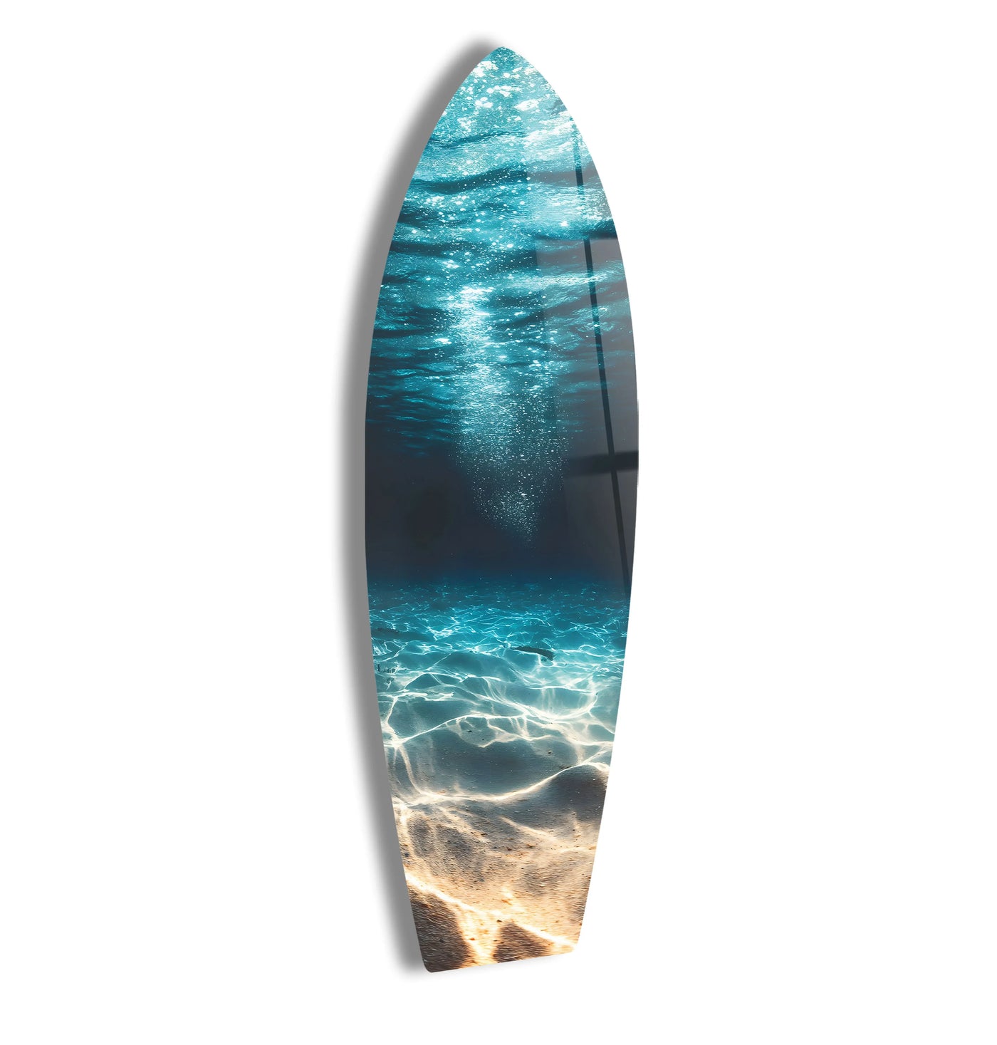 Dominant teal and sandy hues blend in this underwater surfboard glass wall art, offering the best glass art in an ocean-themed coastal decor piece.