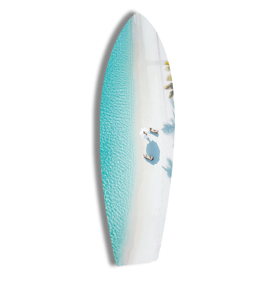 SurfBoard featuring aerial beach view with palm trees and turquoise water and tropical serenity surfboard wall art perfect for coastal paradise decor