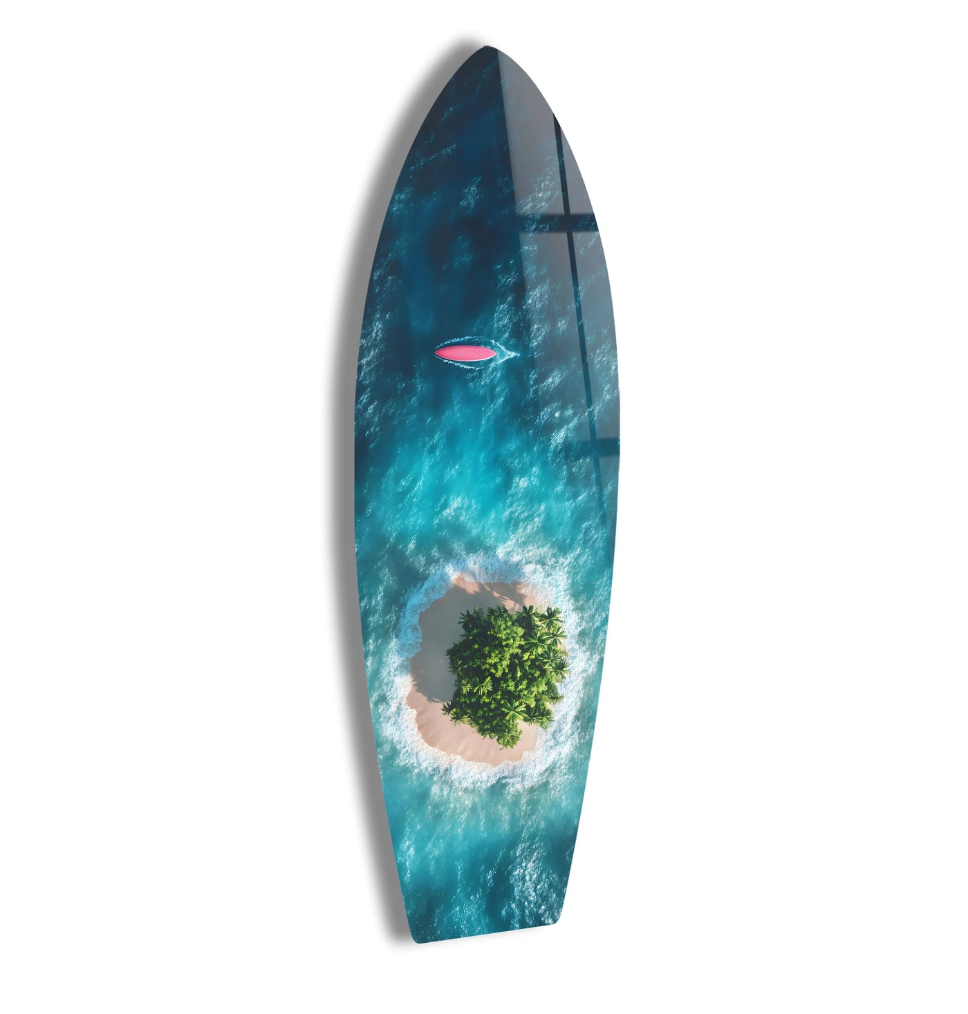 Reflecting the deep sea, the darkest area of this tropical escape shows the stunning art from glass that captures the aerial island view in glass wall art.