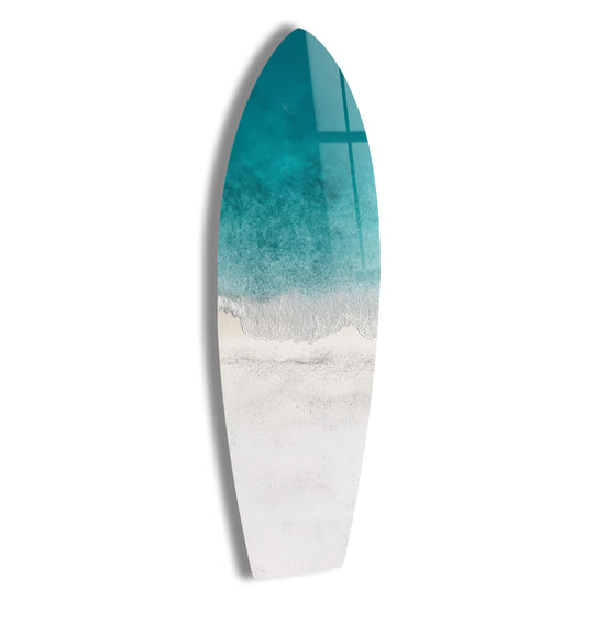 SurfBoard wall art with azure shoreline glossy glass finish plus turquoise ocean waves and white sand beach is coastal serenity decor