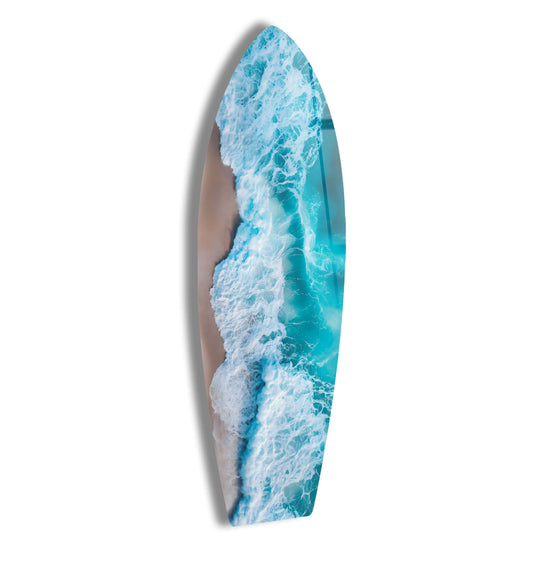Vertical oval orientation showcases the ocean waves glass art painting, an aerial view of beach and coastal decor for modern homes.
