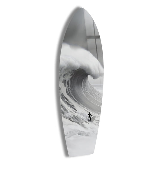 SurfBoard featuring black and white wave and surfer is storm rider surfboard wall art decor plus ocean decor for adventure lovers