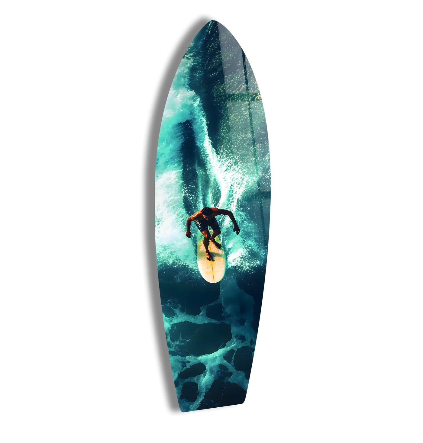 The dynamic transition between turquoise and deep blues captures the surfer's energy on this 'Surfing the Waves' glass wall art, showcasing brilliant glass printing techniques.