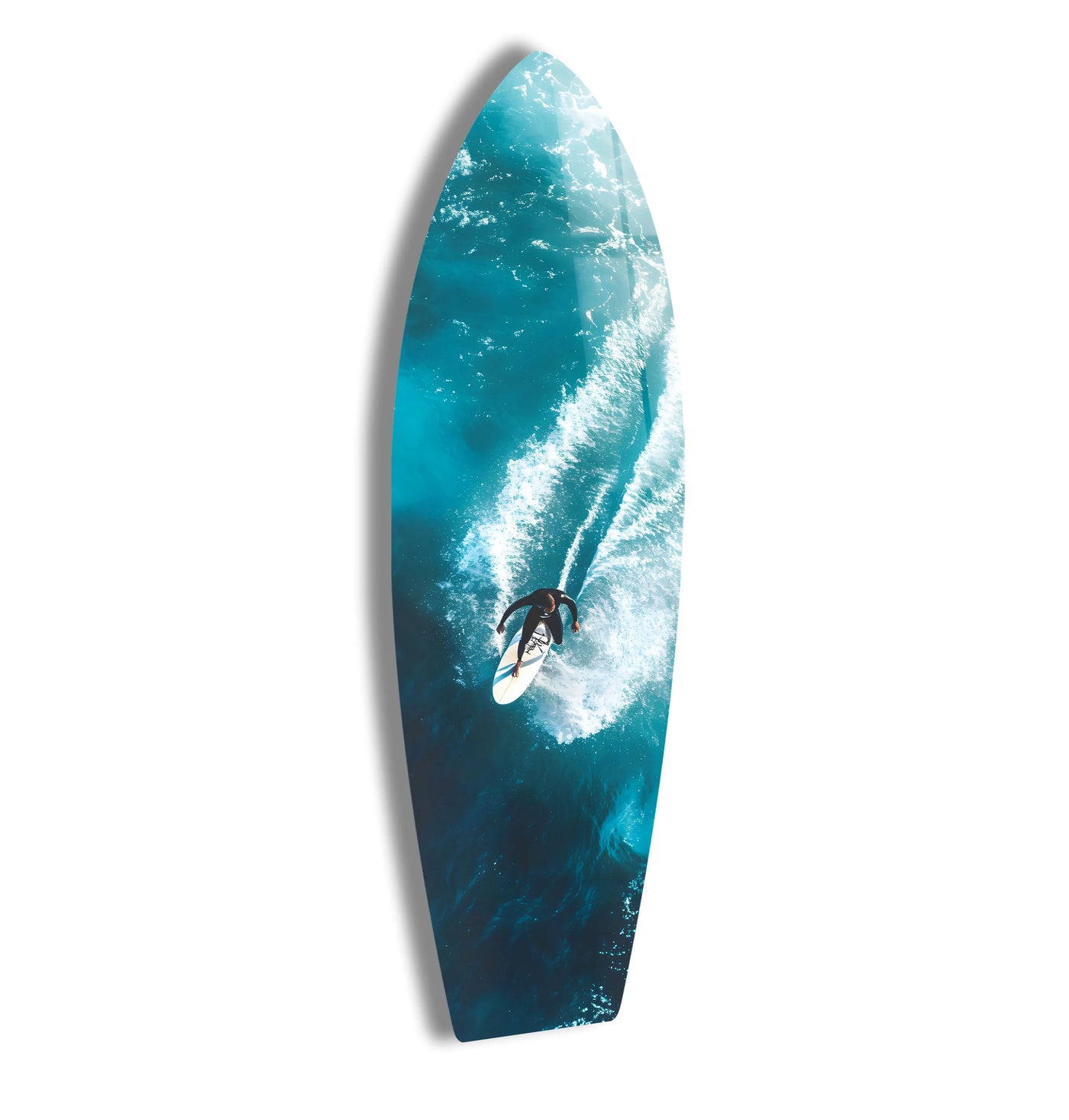 Highlighting the abstract quality, this dynamic glass wall artwork captures a surfer cutting through stylized ocean waves, offering a unique perspective on surfing adventure.