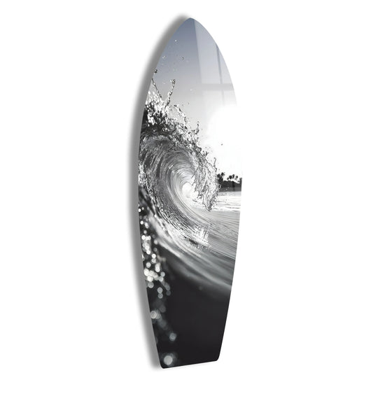 SurfBoard with wave art glossy black and white ocean decor and tempered glass wall art