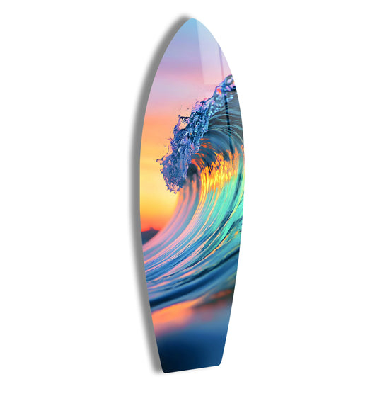 Vibrant color contrast highlights the radiant sunset reflected within the breaking ocean wave on this glass wall art prints piece for coastal decor.